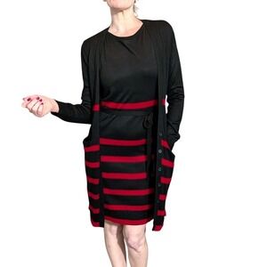 Ellen Tracy Knit Dress & Cardigan Set Black Red Stripe Belted Sweater Dress Sz S